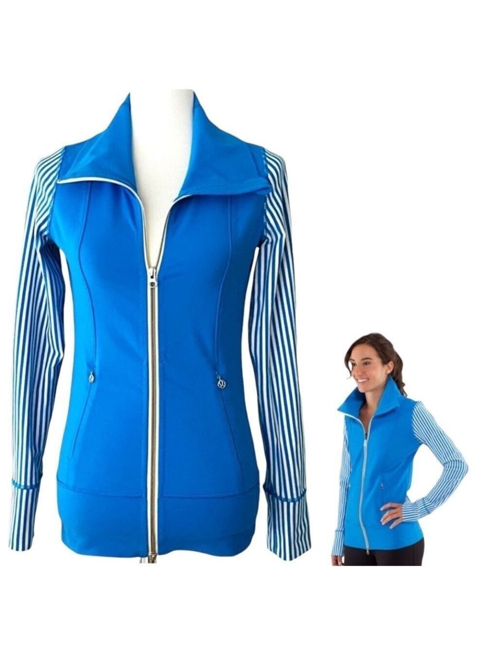 Lululemon Athletica Womens Daily Yoga Jacket Beaming Blue Classic Stripe Cream 2
